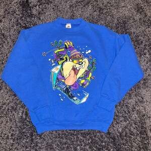 Vintage 1993 Looney Tunes Tazmania Taz Skiing Double Sided Sweatshirt Sz Adult L